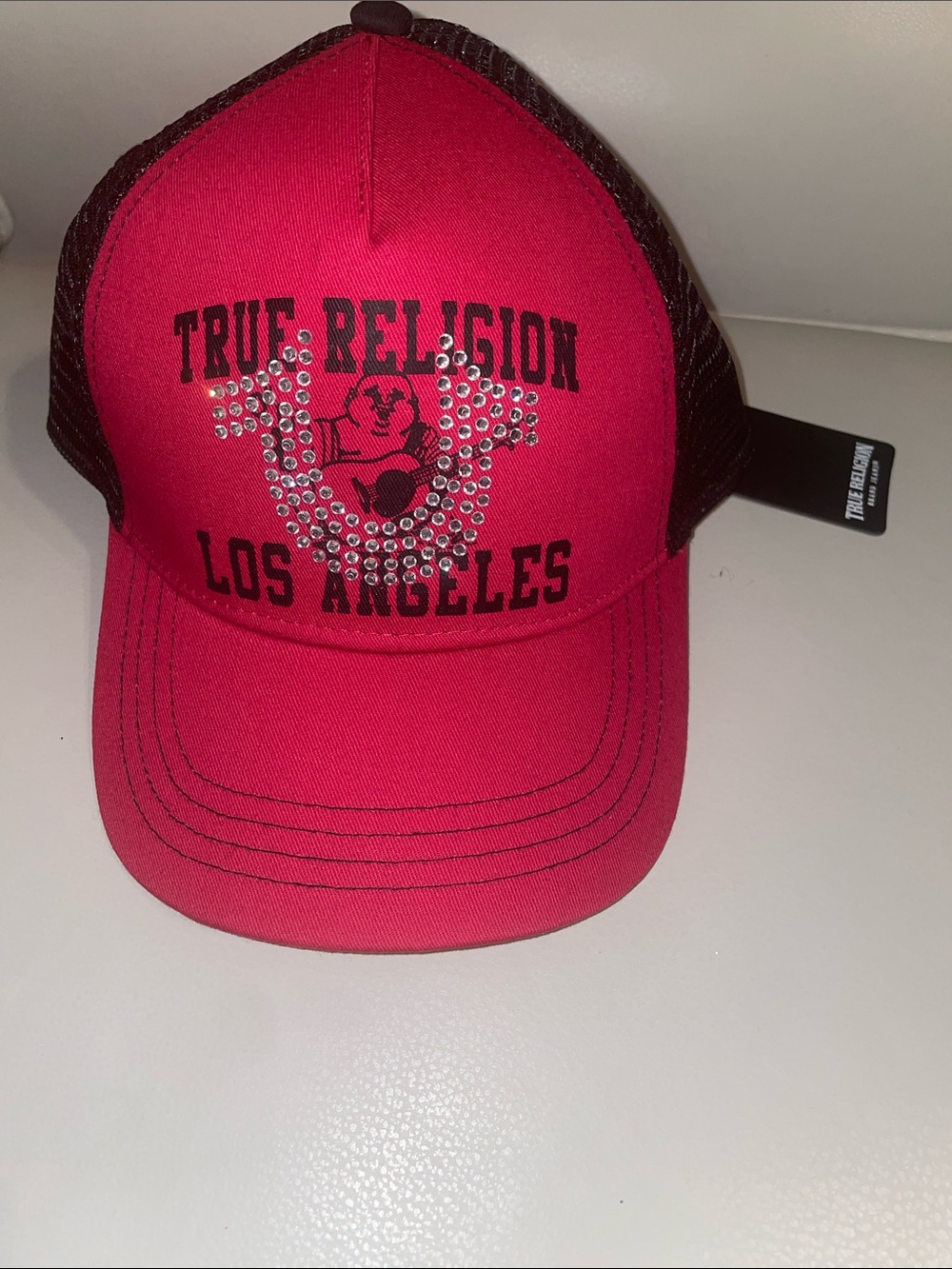 True Religion Red and Black Rhinestone Logo Trucker Hat